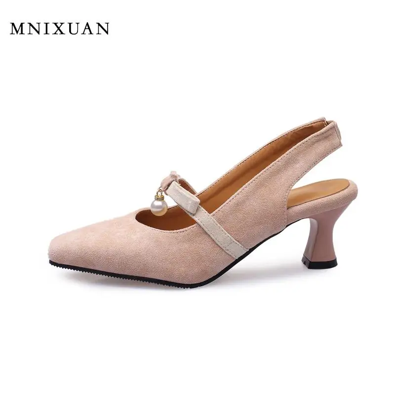 

MNIXUAN New 2019 Fashion Sandals Women Block Heel Shoes summer square toe pearl high heels slip on ladies sandals big size 42 43