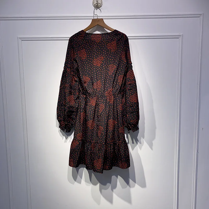 

Women's Heart Printed Mini Dresses V-neck Ruffles Two-piece Set Long Sleeve Buttons 2020 New Female Dress