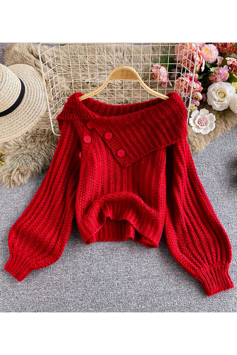 

Retro Sexy off-Shoulder Sneaky Design Sweater Women's Korean Style Chic off-Shoulder Sweater Elegant Slimming Long Sleeves Top
