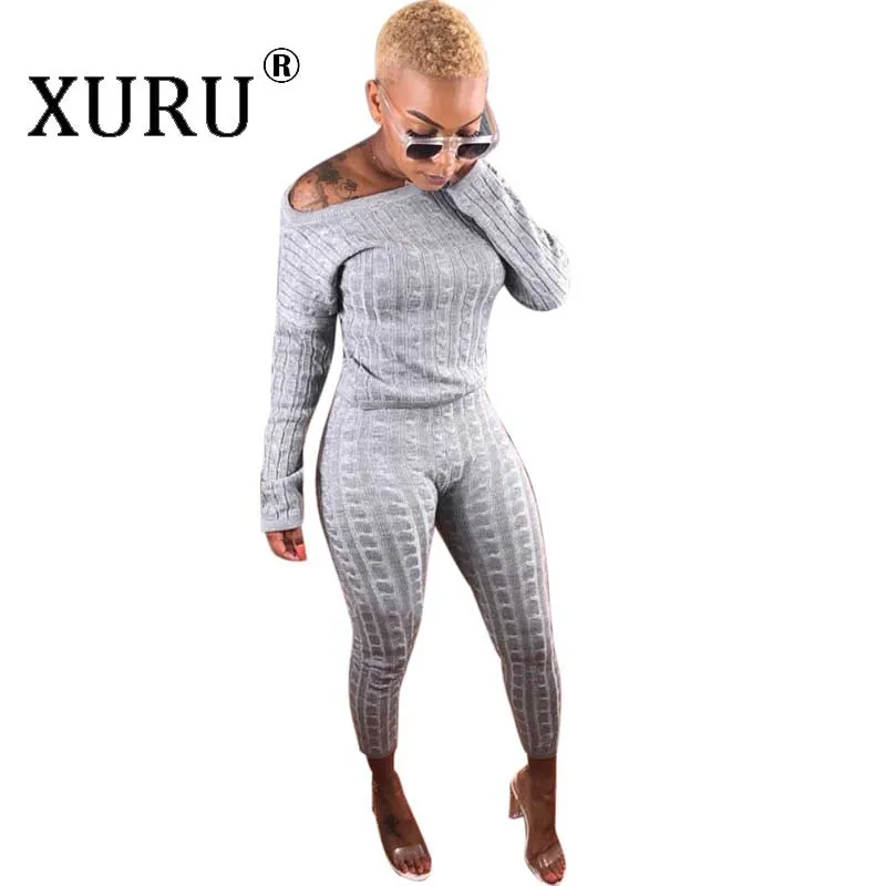XURU Зимний женский свитер с длинными рукавами комбинезон из двух частей уличный хипстер сексуальный Свободный свитер комбинезон костюм девять брюк - Цвет: Серый