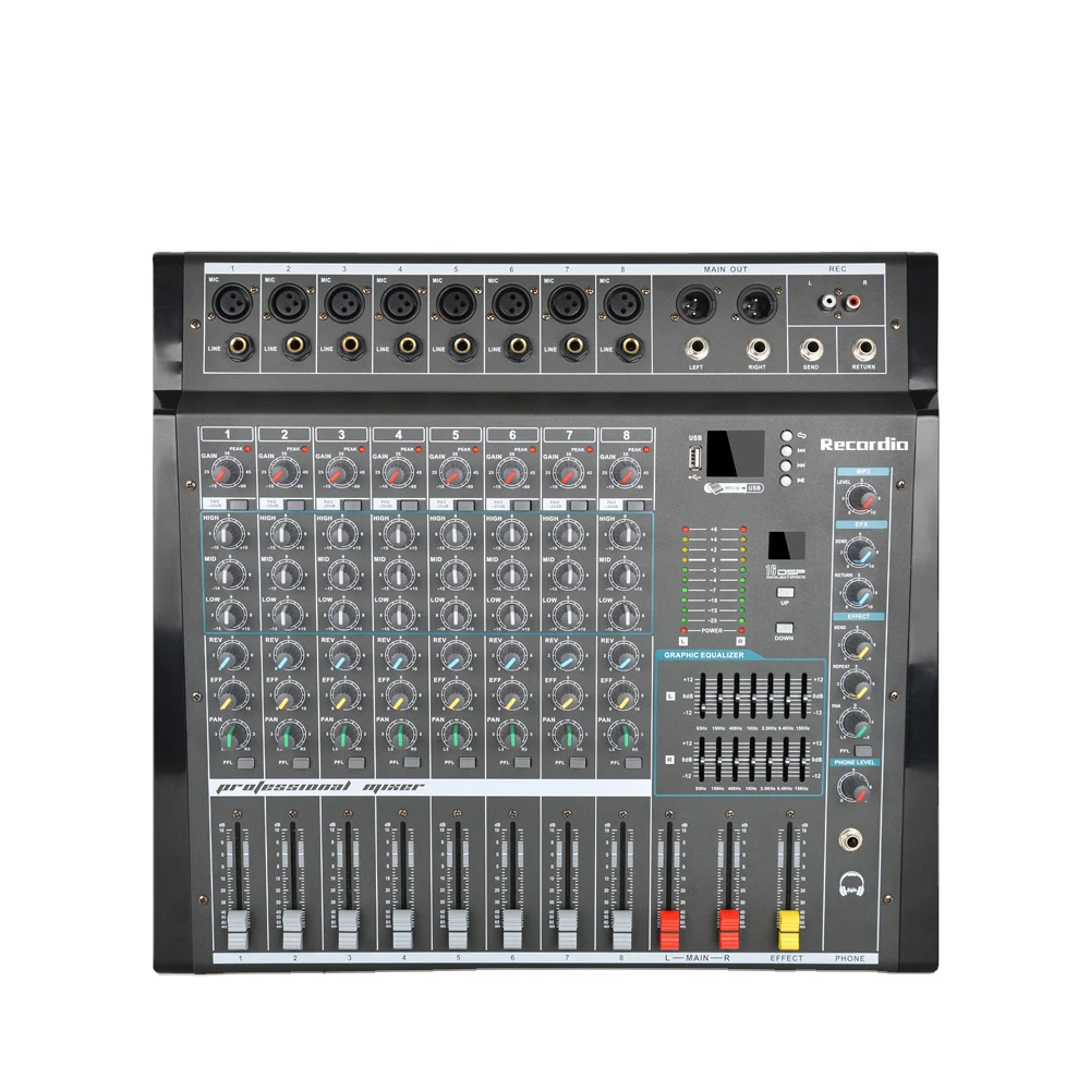 

GAX-800 8 Channels Power Mixing Console with Amplifier Blueteeth Record 16 DSP effect Professional USB Audio Mixer