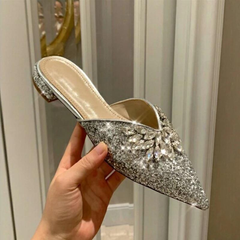 

Rhinestone Shinning Silver slippers new Fashion women flip flop outside beach shoe diamond flat heels pointed Toe sandals