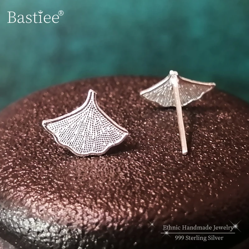 

Bastiee 999 Sterling Silver Small Ginkgo Leaf Stud Earrings Luxury Jewelry Boho Style Ethnic Miao Handmade Ear Studs