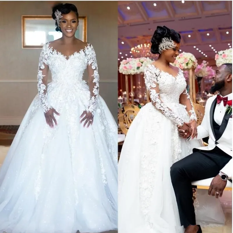 

Luxury White Wedding Gowns Long Sleeves 2021 Lace Up Vestido De Noiva Appliqued Organza Ball Gown Bride Dresses Abito Da Sposa
