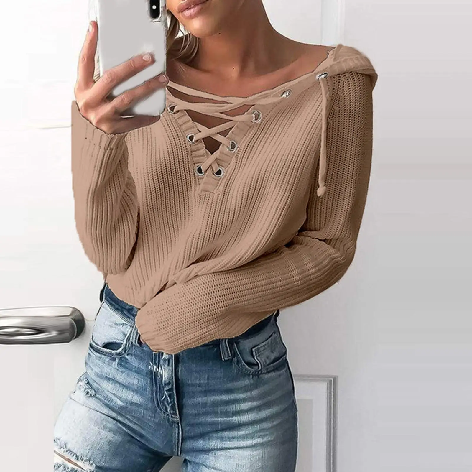 

Women Solid Color Long Sleeve V Neck Front Cross Bandage Pullover Knitwear Top