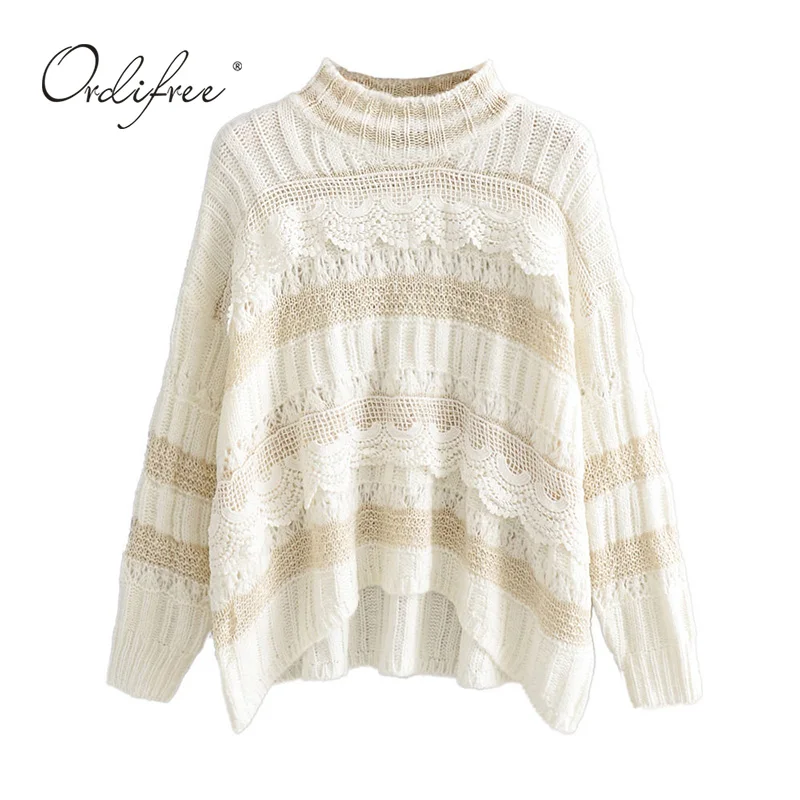 

Ordifree 2020 Autumn Winter Women Sweaters and Pullovers White Lace Crochet Half Turtleneck Striped Knitted Sweater