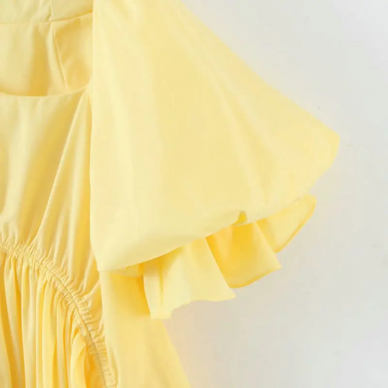 

Summer Women Lemon Yellow Layered Dresses Puff Short Sleeve Shirring Asymmetrical Design Loose Fitting Mini One Piece Robe 2021