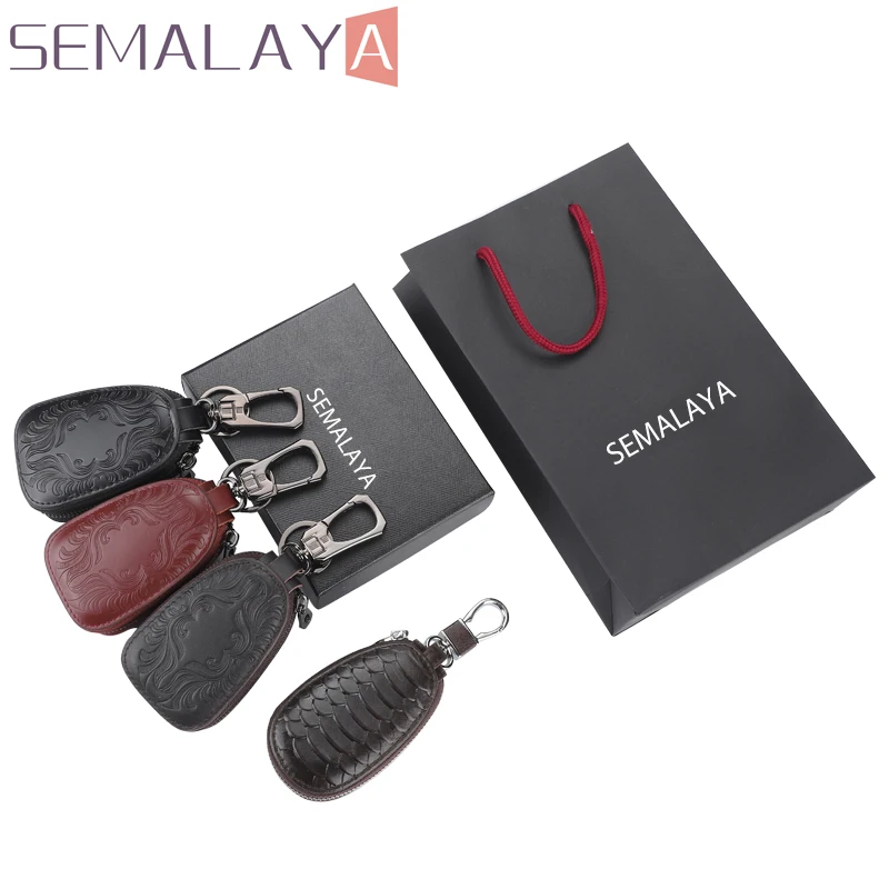 2020 Fashion Design Man Key Case Luxury Brand Car Key Case Genuine Leather Over Metal Zipper With Hook Ring