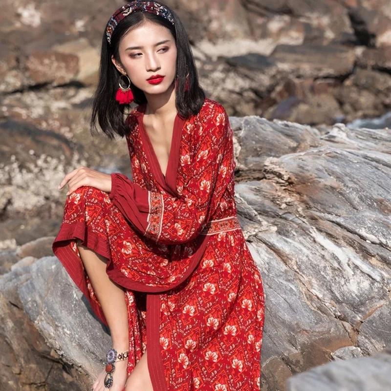 Шикарные Повседневные платья в стиле бохо для женщин 2019 красное Цветочное платье