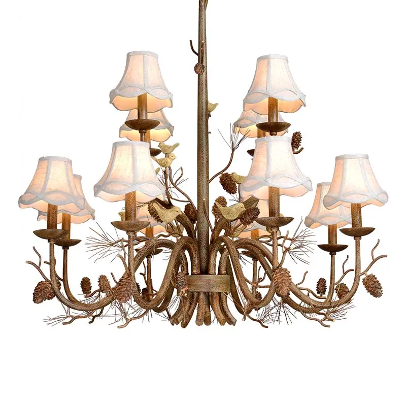 

Loft Pine Cone Chandeliers lamp Bar Antique Bird light Restaurant branch Chandelier for Living Room Iron rustic cloth lamp shade