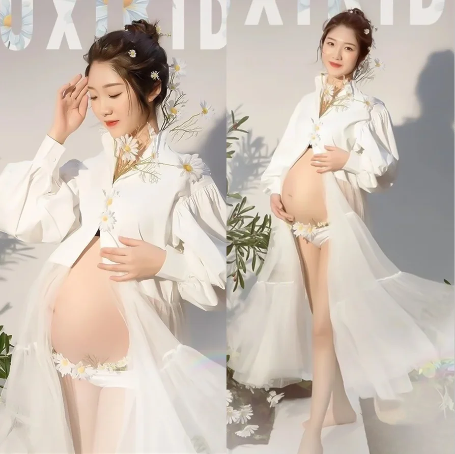 Maternity Gown  Pregnancy Dress  for Baby Shower PhotographyLapel Cardigan Long Sleeve Stitched Elegant Yarn Skirt White 2021 enlarge