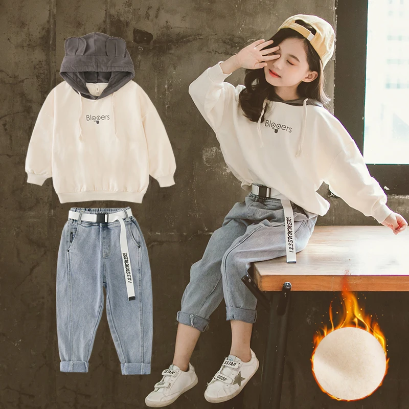Модная осенняя одежда для девочек серый свитшот с капюшоном и джинсы комплект из