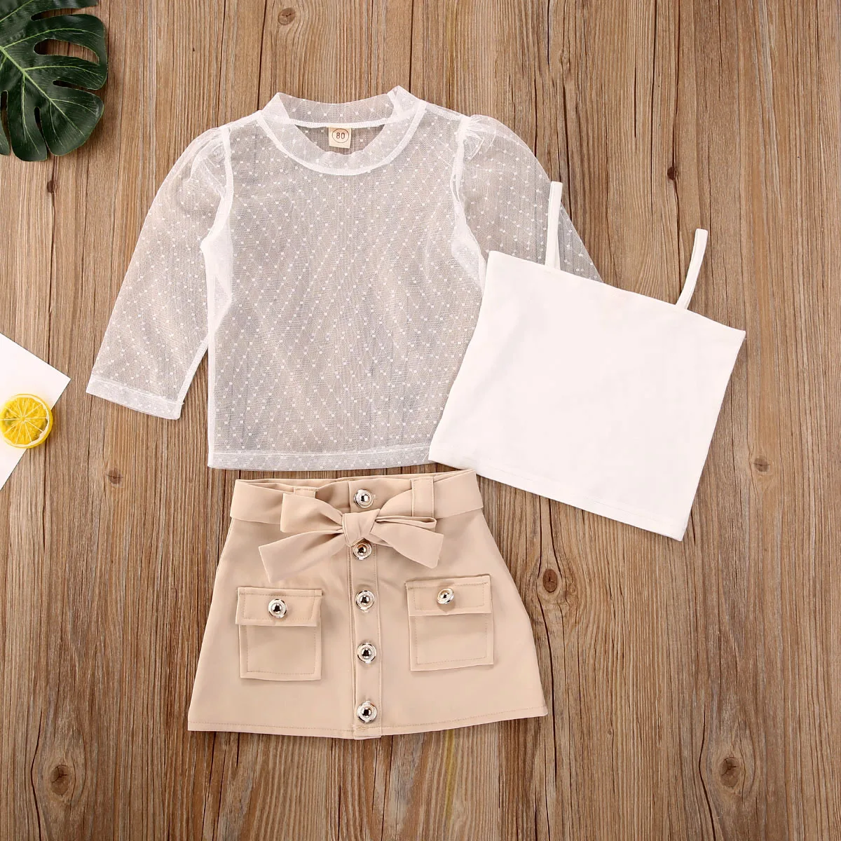 

AA Girls Outfit Set Solid Color Dot Pattern Puff Long Sleeve Loose Top Sling Top Short Button-Down Skirt Clothing Set
