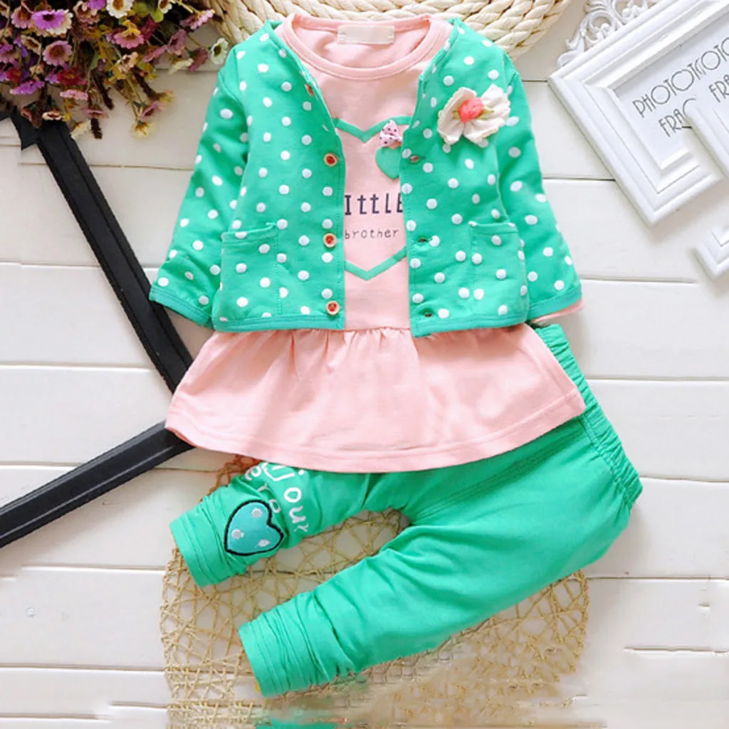 3Pcs Infant Baby Girl winter clothes Polka Dot Shirt+Kids Pants+Outer Princess girl clothes cotton Outfits Set roupa infantil