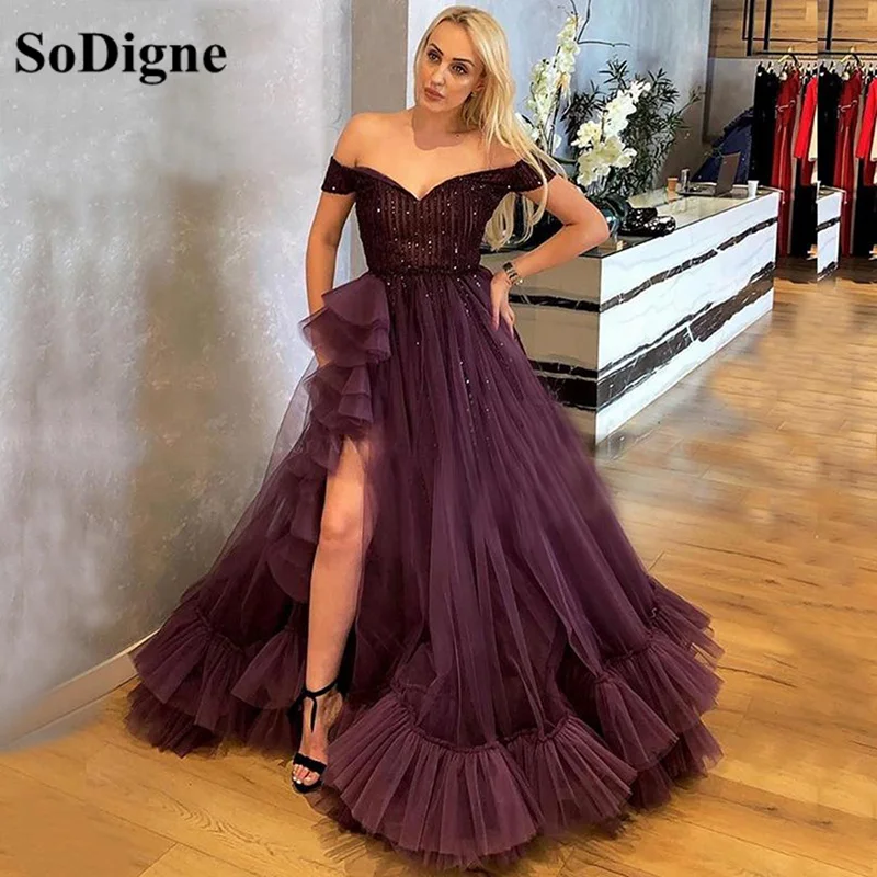 

SoDigne Purple Off Shoulder Split Evening Dresses Beaded Appliques Party Dress Tulle Tiered Formal Prom Gowns