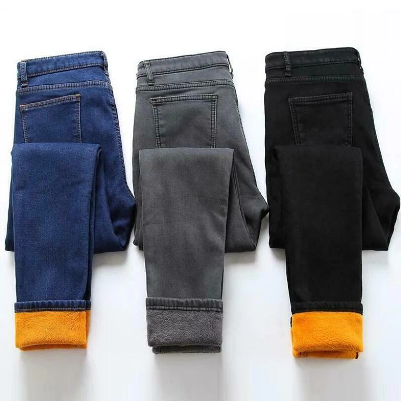 Winter Warm Jeans Women Elastic High Waist Denim Pants Female Trousers Soft Thickened Black Velvet Jeans Fleece Long Pants