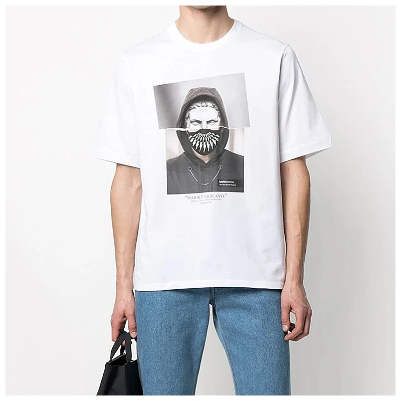 

European fashion style Neil Barrett lightning mask head portrait printed men's short-sleeved T-shirt o-neck 100% cotton top