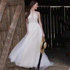 Сексуальное Кружевное Прозрачное платье с круглым вырезом и аппликацией на спине, женское свадебное платье трапециевидной формы, свадебное платье, 2021