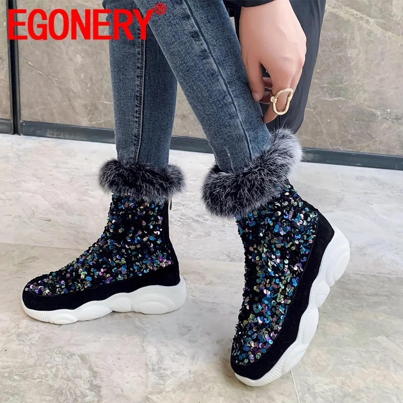 EGONERY/милые зимние ботинки с блестками зимняя женская обувь на среднем каблуке 4,5 см красивые ботильоны для девочек ботинки на молнии больших размеров 32-45