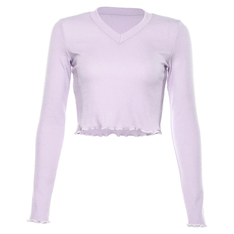 

2020 Autumn New Popular Fashion European and American Style Women's Solid Color round Neck Long Sleeve Navel Top T-shirt Women