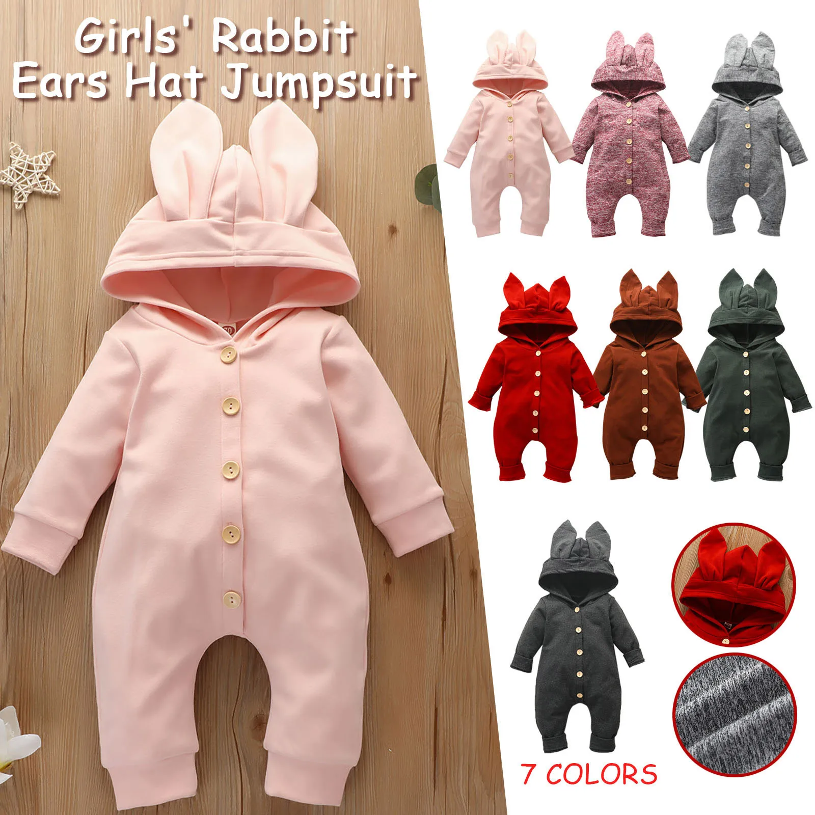 

Цельнокроеный комбинезон для младенцев 0-12 месяцев, однотонный однобортный длинный комбинезон с кроличьими ушками, цельнокроеный комбинез...