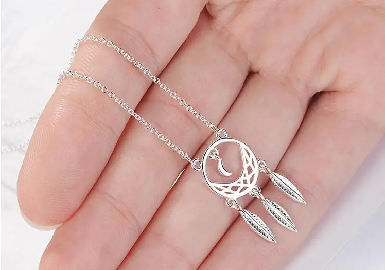 Ожерелье Ловец снов из серебра 925 пробы листья короткая цепочка на ключицы