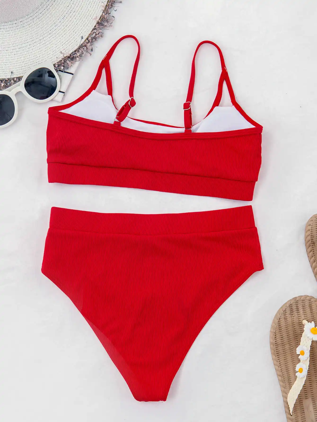 

Sexy High Waist Bikini 2021 Women Solid Black Red Hollow Out Pleated Swimsuit Female Beach Bathing Suit Push Up Swimwear Biquini