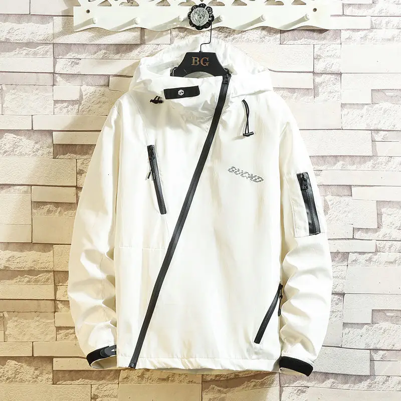 

Autumn Men's oblique Zipper Hooded Jacket Korean Black White Men Casual Coats Hip Hop Men Oversized Outerwear