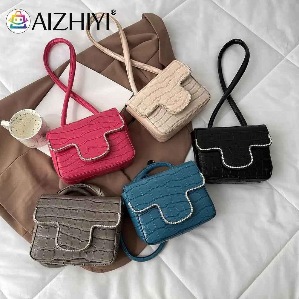 

2021 Fashion Retro Stone Pattern Rhinestone Shoulder Bags Casual Women Small PU Underarm Bag Solid Color Pleated Tote Bag