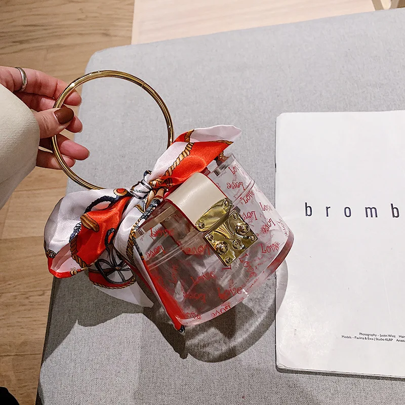 Fashion Transparent Plastic Gold Ring Scarf Top Handle Women Handbag Tote Bag Shoulder Bags Party Purse Clutch Evening Hanbag | Багаж и