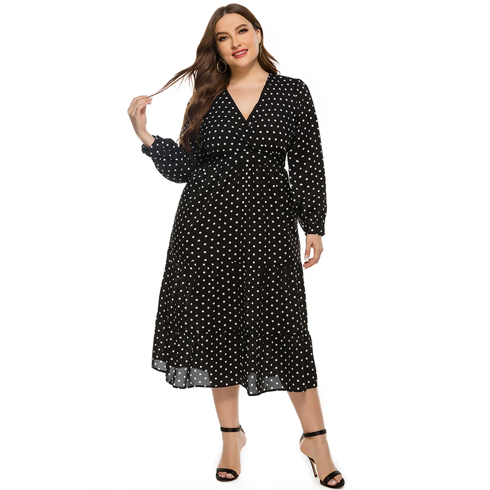 Женское шифоновое платье макси длинное с V-образным вырезом и принтом в горошек