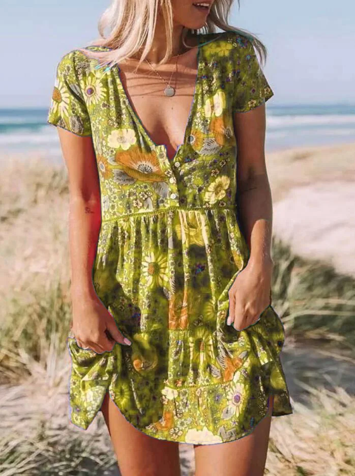 

Vestidos de verano para mujeres 2021 Sexy botones del cuello en V profundo con estampado Floral de Boho playa Vestido ds