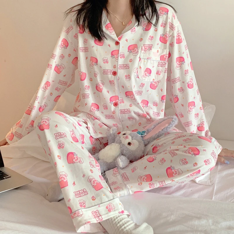 CAIYIER Women Pajamas Suit Autumn Turn-down Collar Yellow Grid Sleepwear Long-sleeved Pants Cartoon Girl Winter Pyjamas Korea
