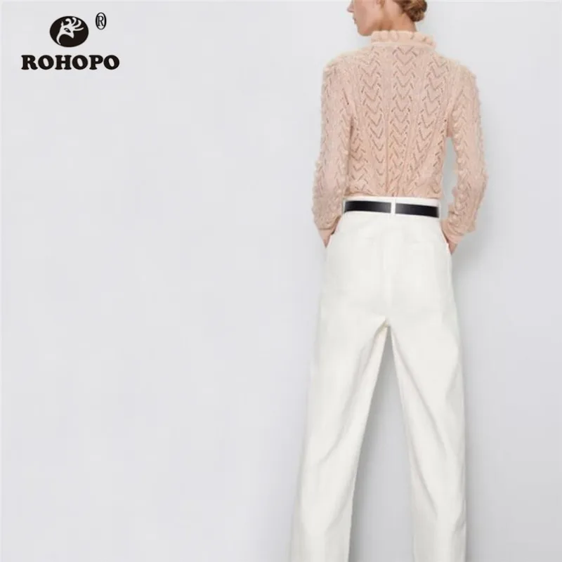 ROHOPO длинный рукав оверлокированный круглый воротник спереди свитер с оборками