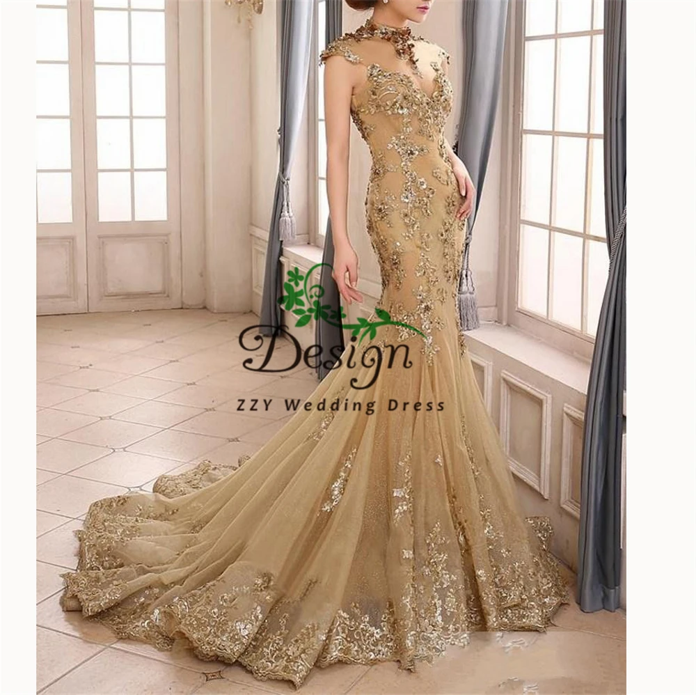 

Женское прозрачное вечернее платье-Русалка с высокой горловиной и аппликацией, расшитое блестками, с бусинами на рукавах, 2019