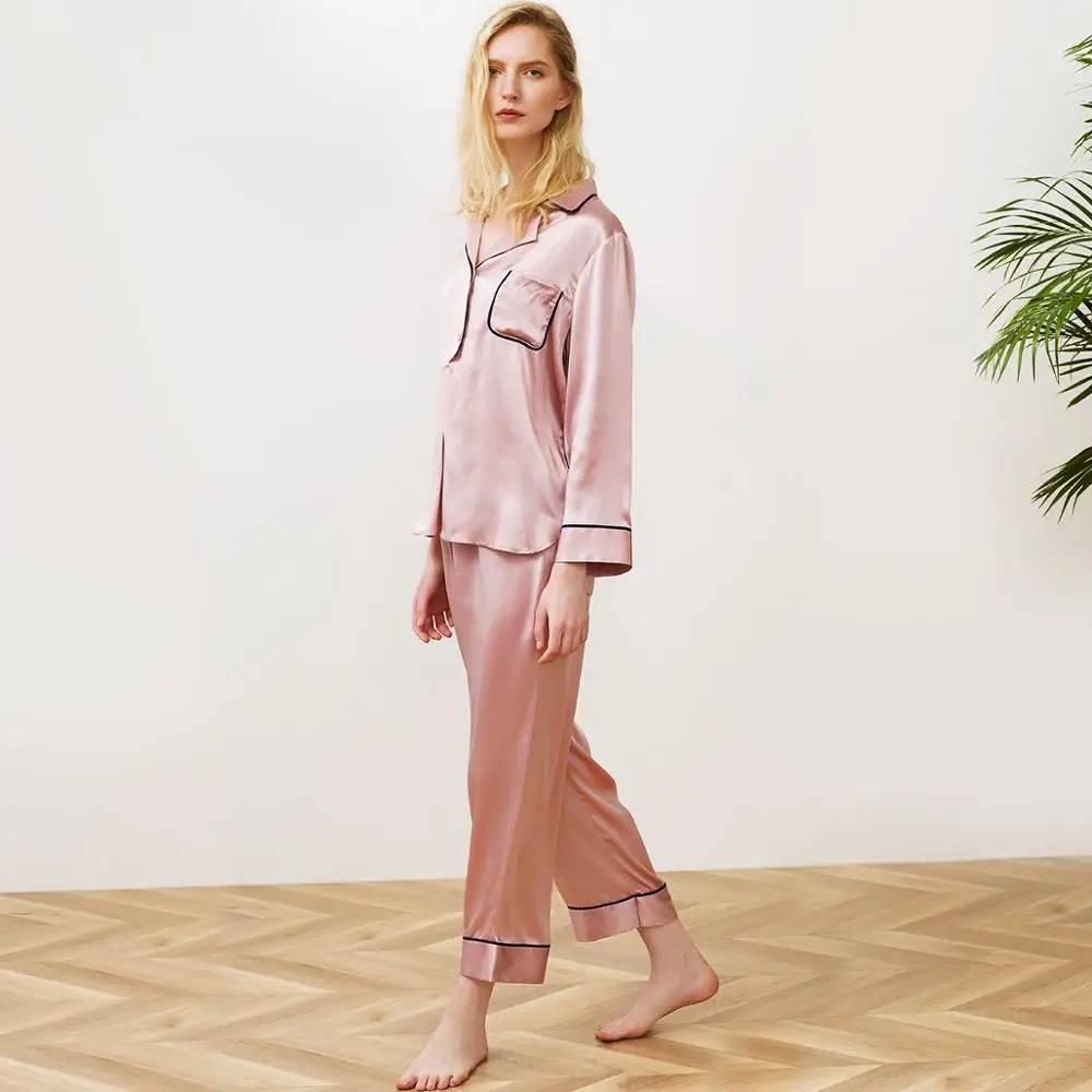 100% silk women sleepwear,girl long sleeve sleep shirts and pants in dark blue pink solid color,luxury advance women pajamas set