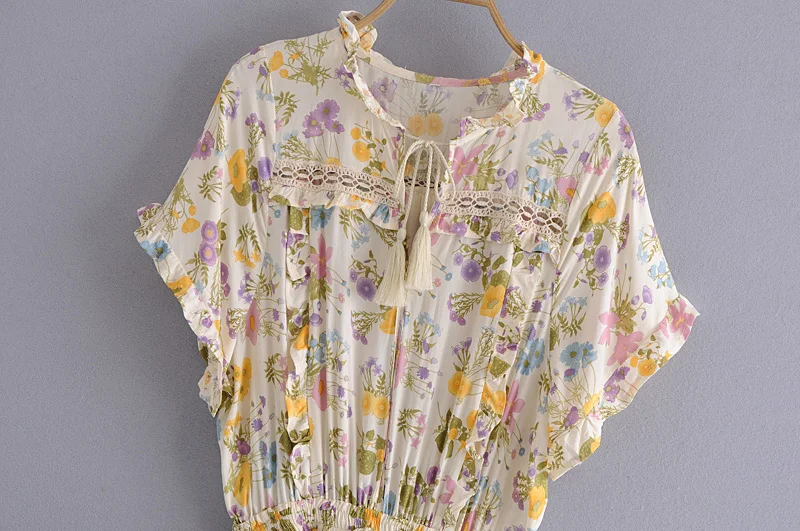 Женское винтажное платье с цветочным принтом коротким рукавом и V-образным