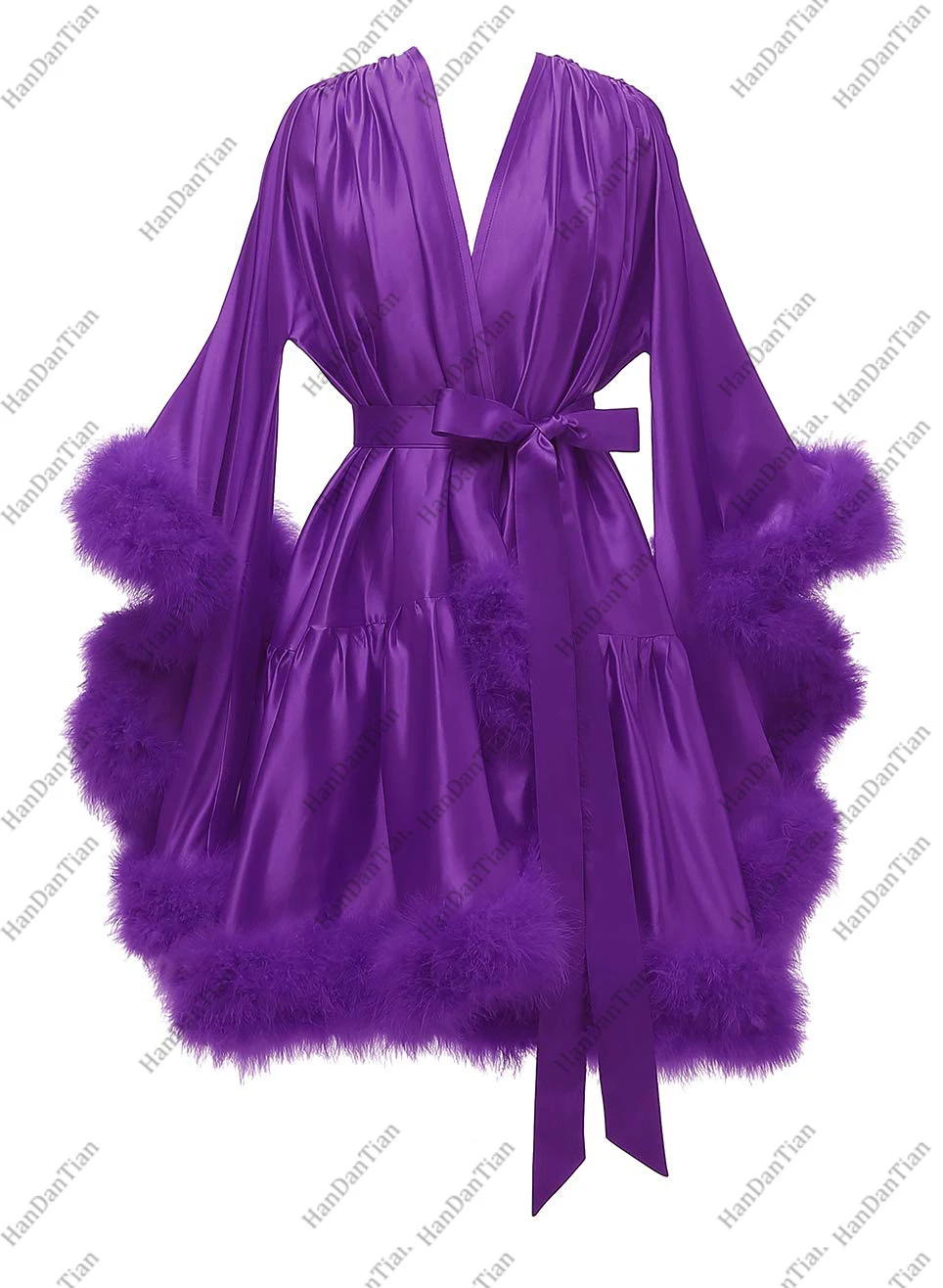 Feather fur bride see-through robe sexy illusion lingerie pajamas bathrobe nightgown