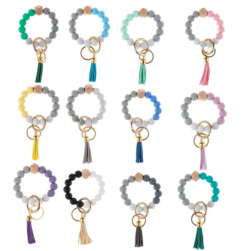 

2021 New Fashion Silicone Beads Keychain For Key Wristlet Bracelet Pendant Keyring For Women Accessories Tassel Keychain Charm