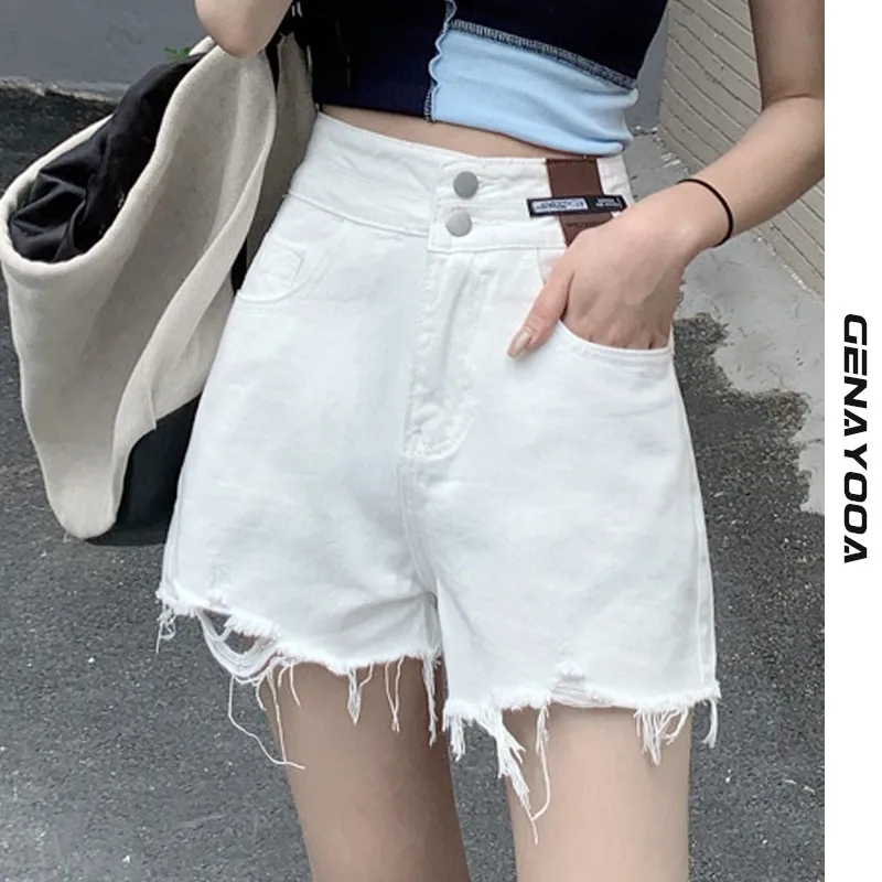 

Женские джинсовые шорты Genayooa, летние повседневные шорты из джинсовой ткани, белые шорты с высокой талией, 2021