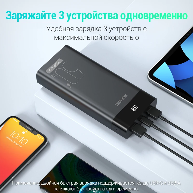 ROMOSS PPD20 повер банк для телефона 20000мАч power bank Внешний аккумулятор 45 Вт зарядки