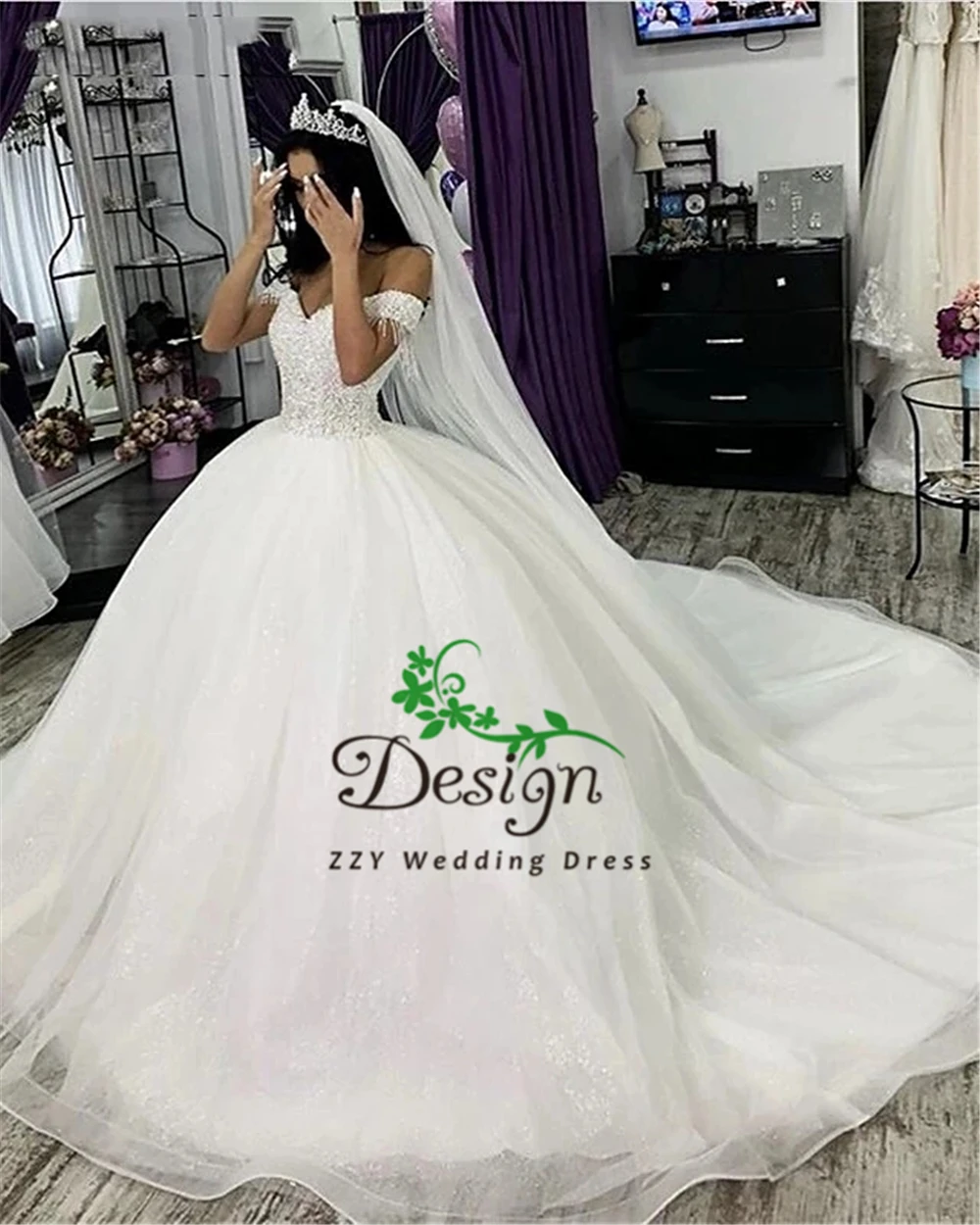 

Sparkling Blingbling Ivory Crystals Beading Ball Gown wedding gown Off The Shoulder V-neck Lace-Up Custom-Made robe de mariage