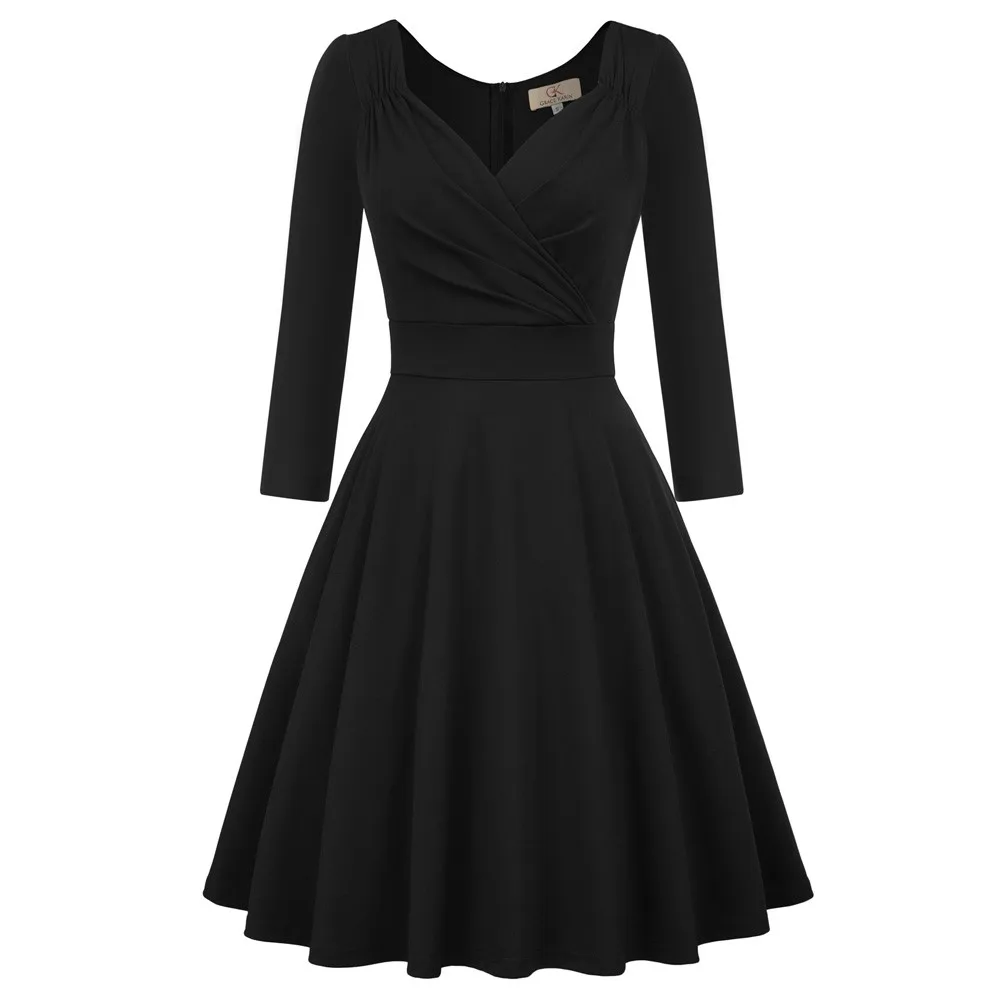 

GK Women Surplice V-Neck Dress 3/4 Sleeve Defined Waist Flared A-Line Dress Sleeve Cross V-neck A-line Dress Hidden