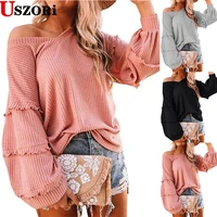 womens new fashion off shoulder long sleeve shirt solid color 2022 new waffle ruffle v neck loose tops