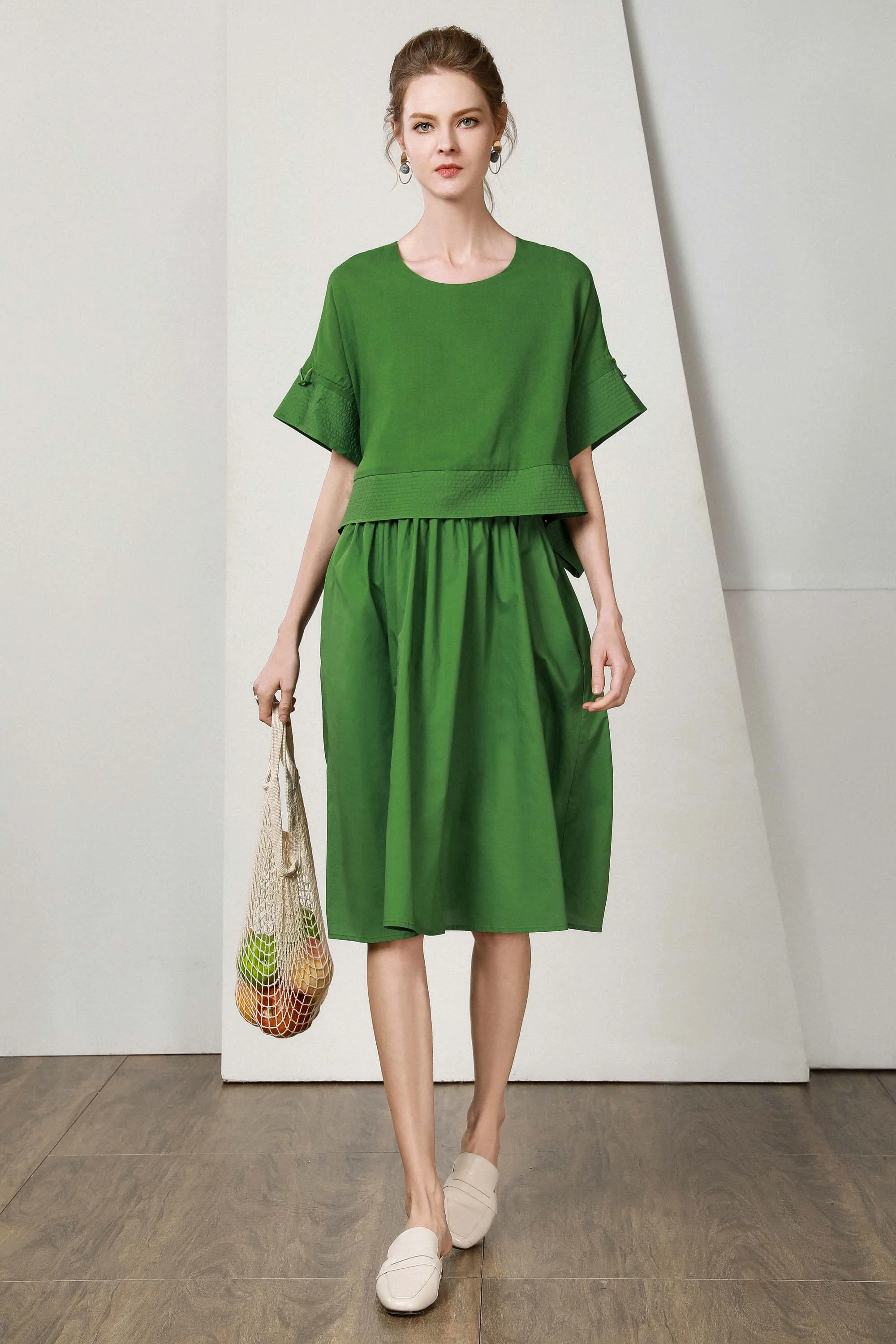

LA.TENDRE Solid Green Color For Women Dress O-Neck Half Sleeve Top Layered Dresses Unique Elegant Tie Waist 2020 Summer