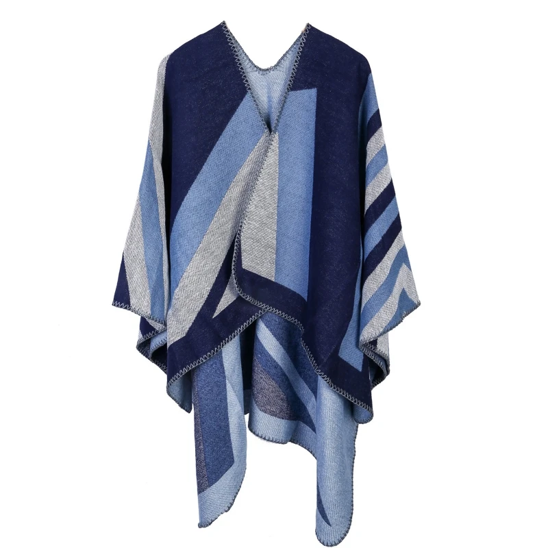 

2021 New Women Open Front Poncho Cape Color Block Striped Shawl Wrap Oversize Cardigan
