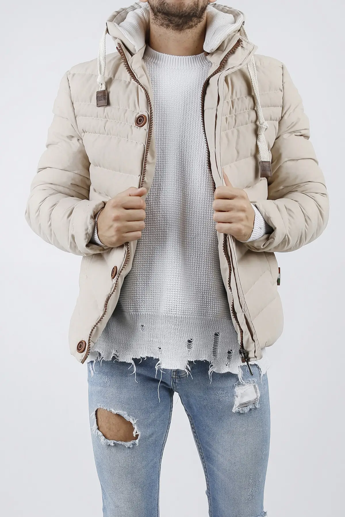 Мужской бежевый удобный приталенный пуховик с капюшоном сезон 2021 новый