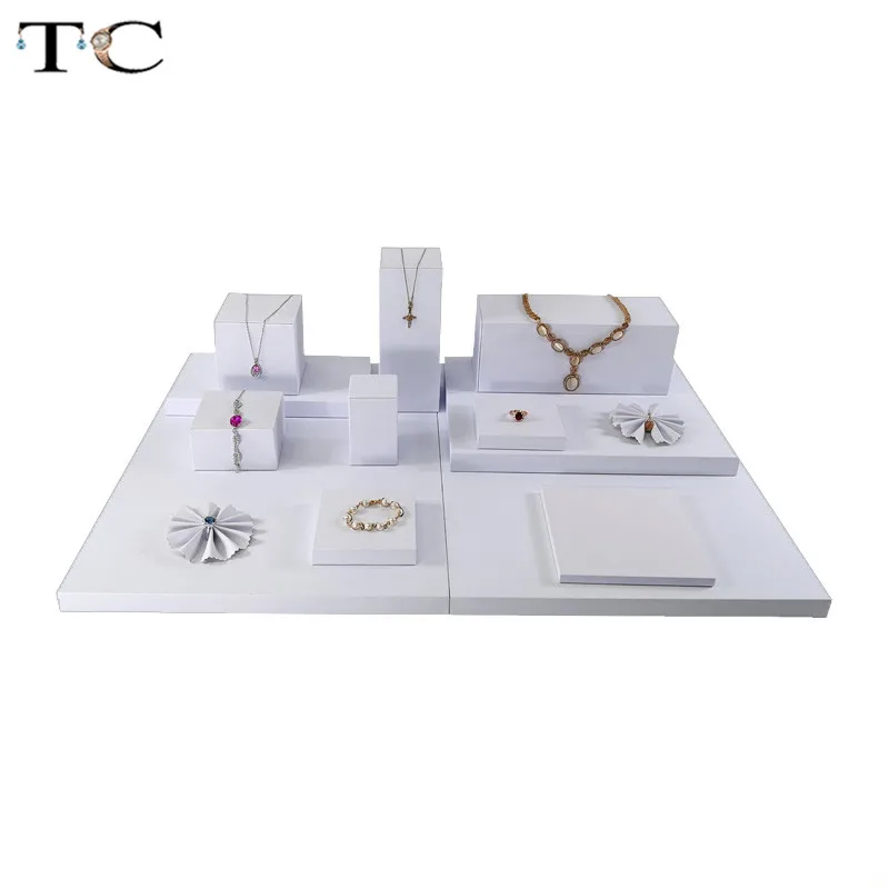 

Newest 3D Square Jewelry Display White PU leather Ring Holder Pendant Necklace Showed Earrings jewellery Frame Bracelet Stand