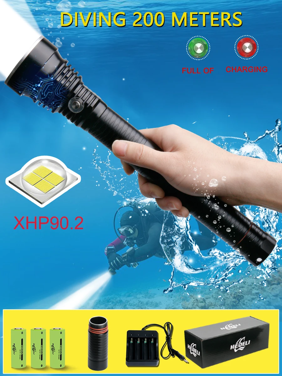 200 м Профессиональный Подводный xhp90.2 светодиодный фонарик для дайвинга XHP70 фонарь