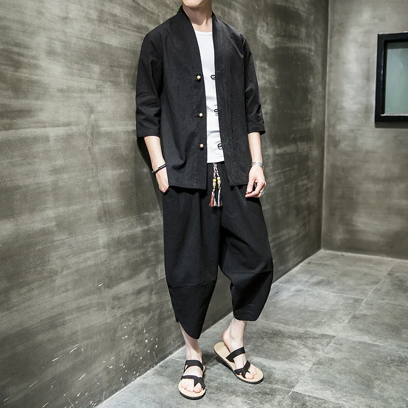 

Men Clothing 2021 Spring Summer New Chinese Style Suit Young Men's Tang Suit Cotton Linen Chinese Hanfu Cardigan Two-piece Suit